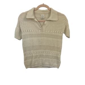 joie open cable knit crocheted short sleeve collared boho sweater top size XS